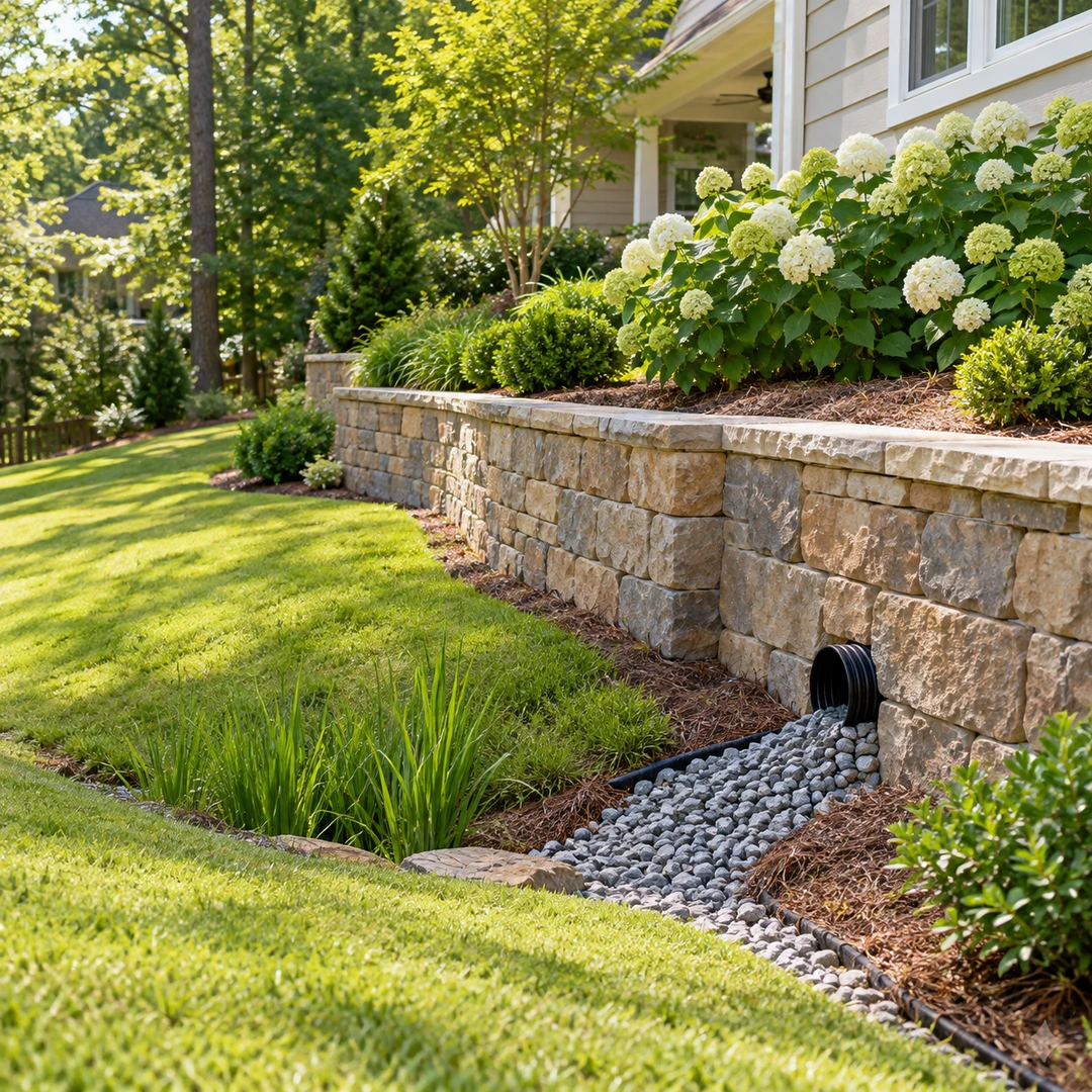 Clear retaining wall outlet above a stone receiving area