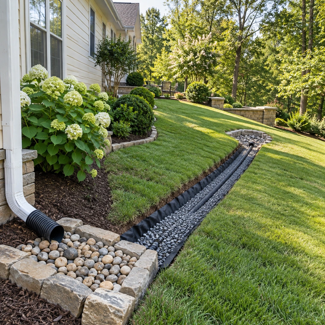 Downspout and gravel drainage trench beside a house