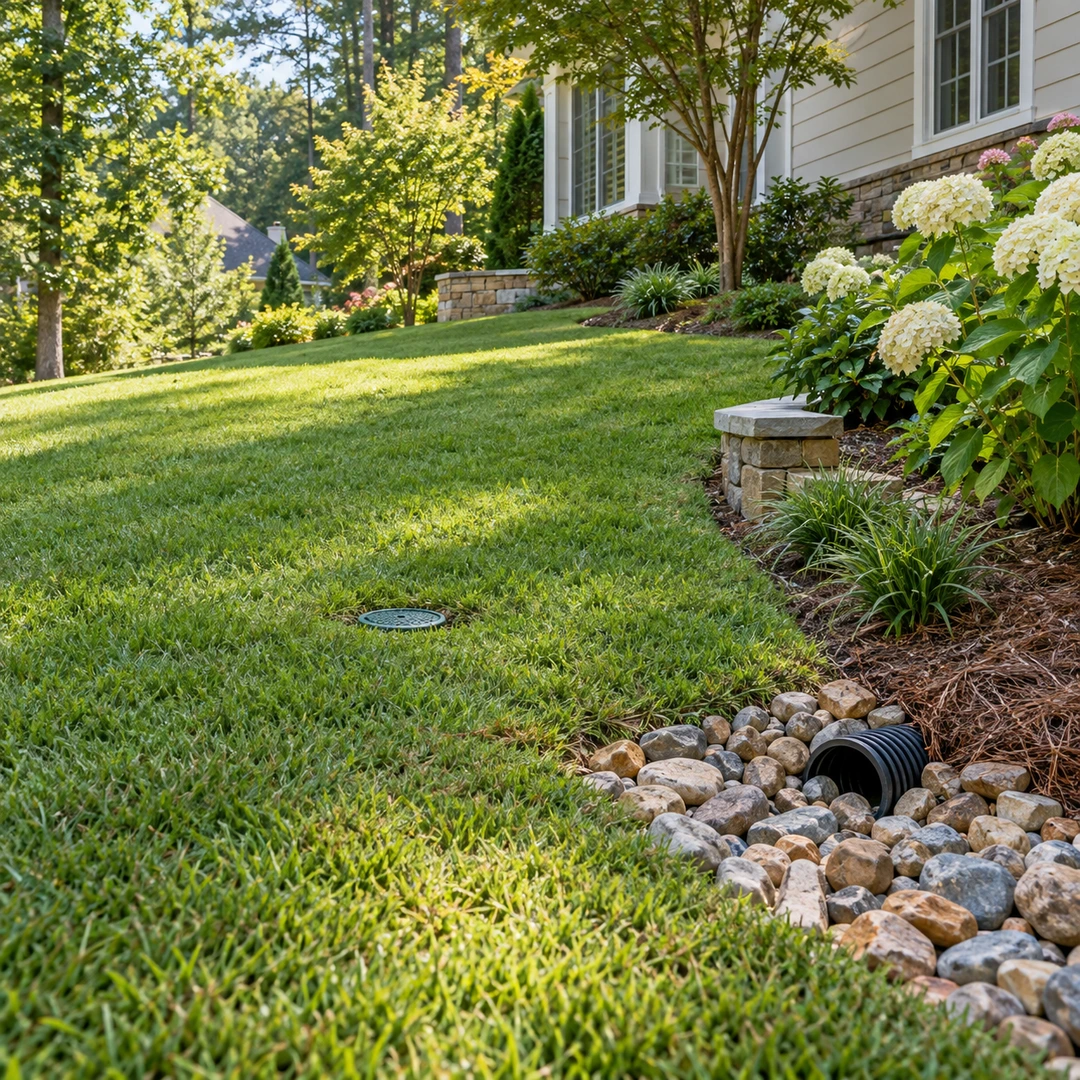 Finished drainage outlet beside a lawn and garden bed