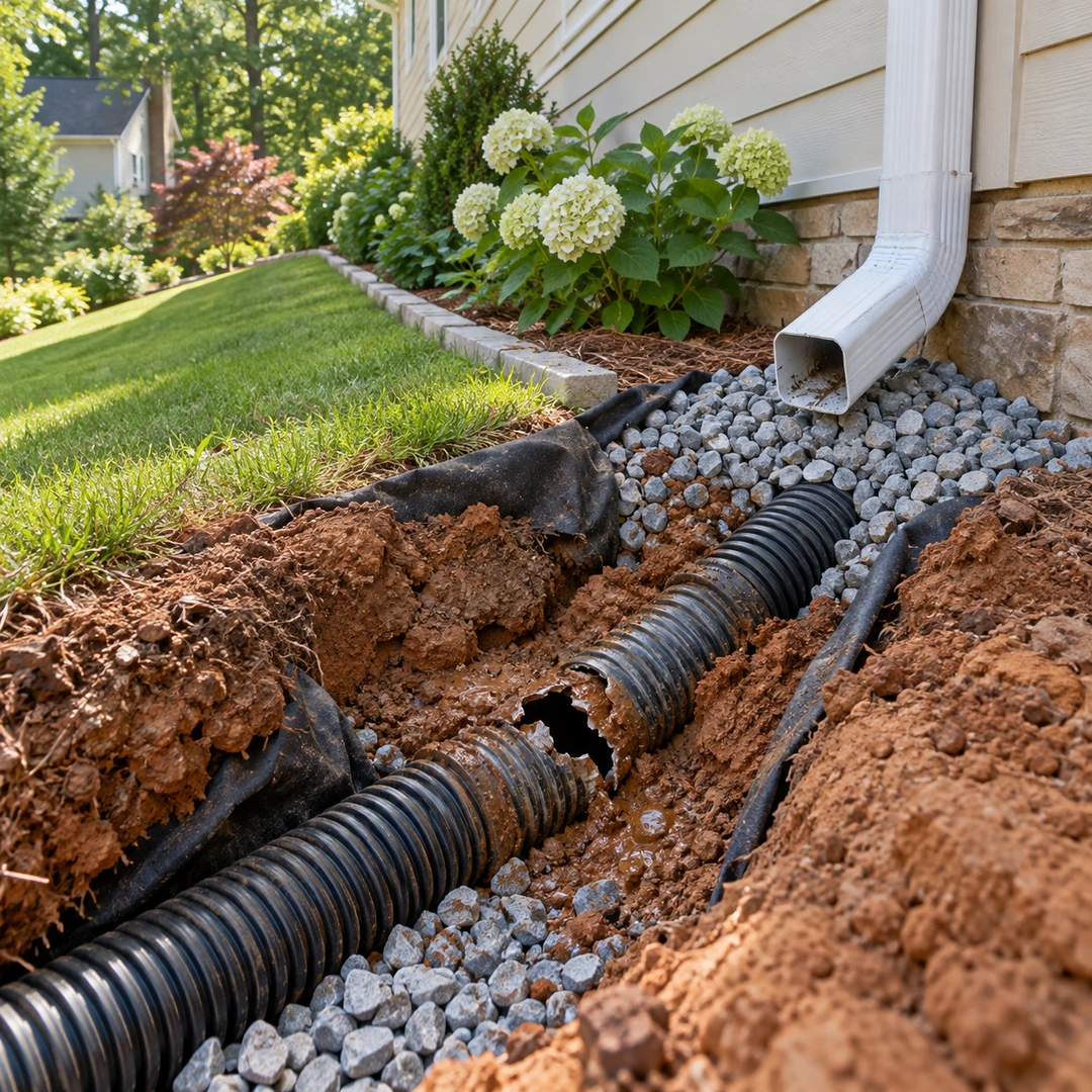 Damaged black corrugated pipe exposed in a gravel trench