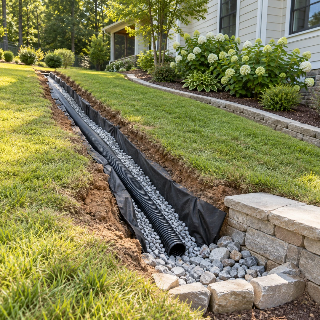 French drain trench with pipe and gravel lined with filter fabric