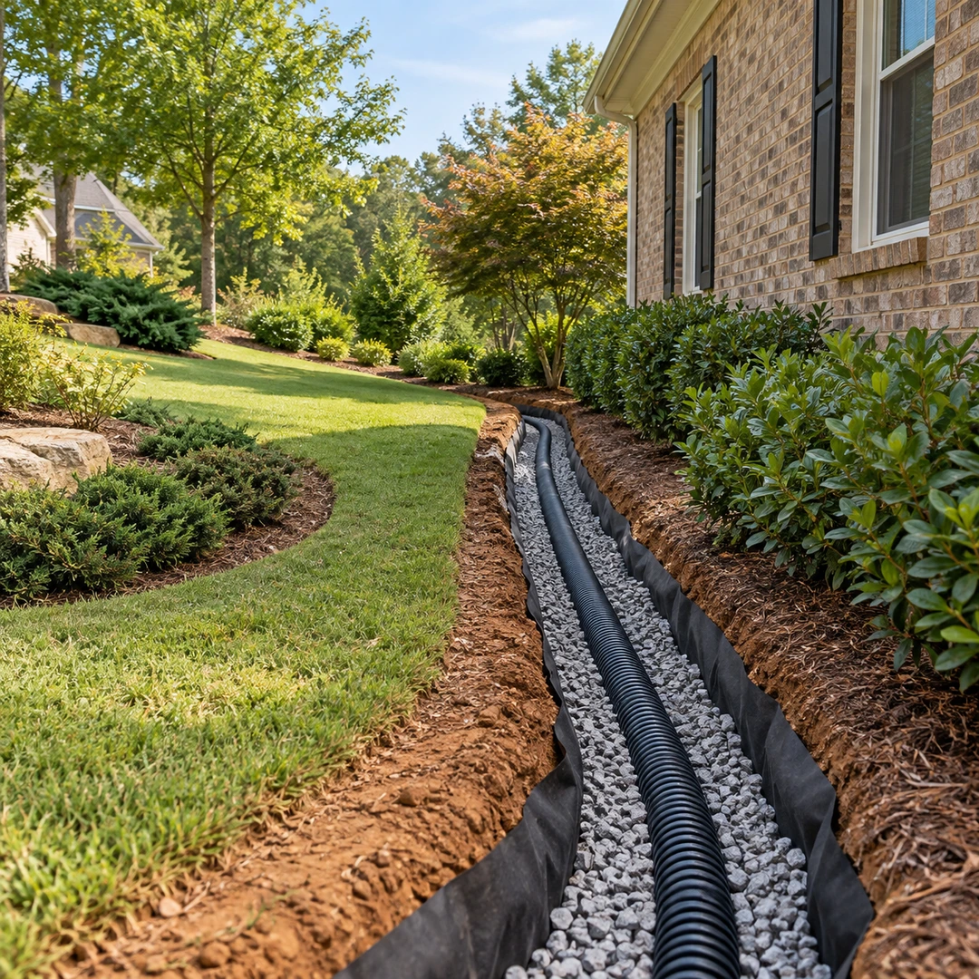 Exterior drainage trench with pipe and gravel beside a house