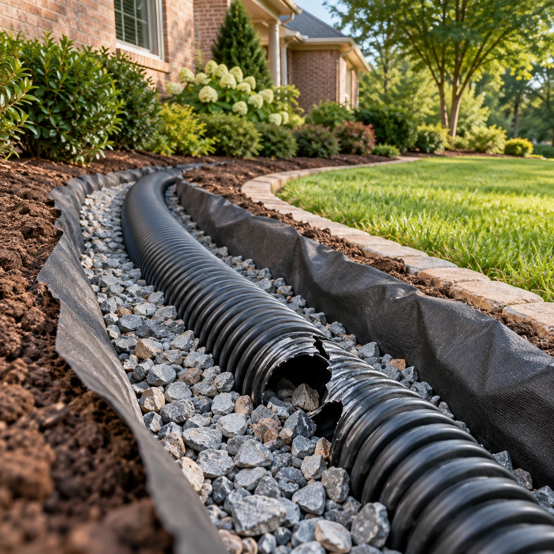 Split corrugated drain pipe in gravel lined with filter fabric