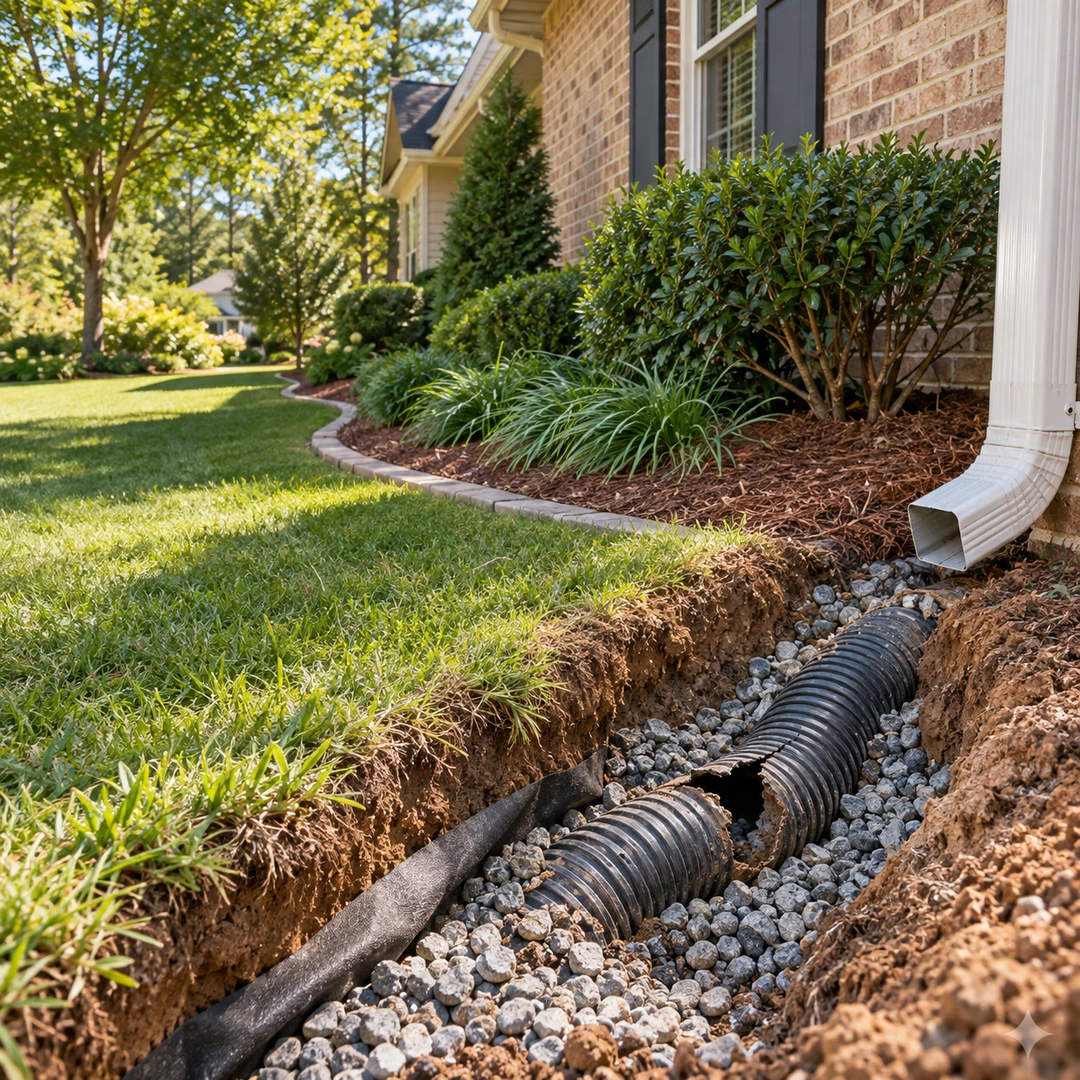 Damaged drain pipe exposed beside a downspout in a gravel trench