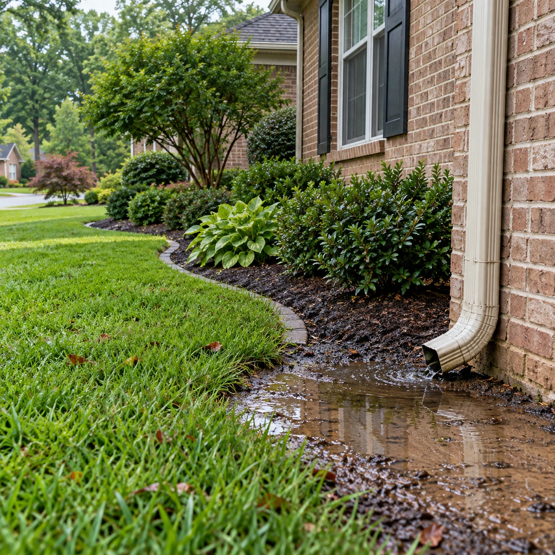 Water pooling at a downspout beside a brick foundation