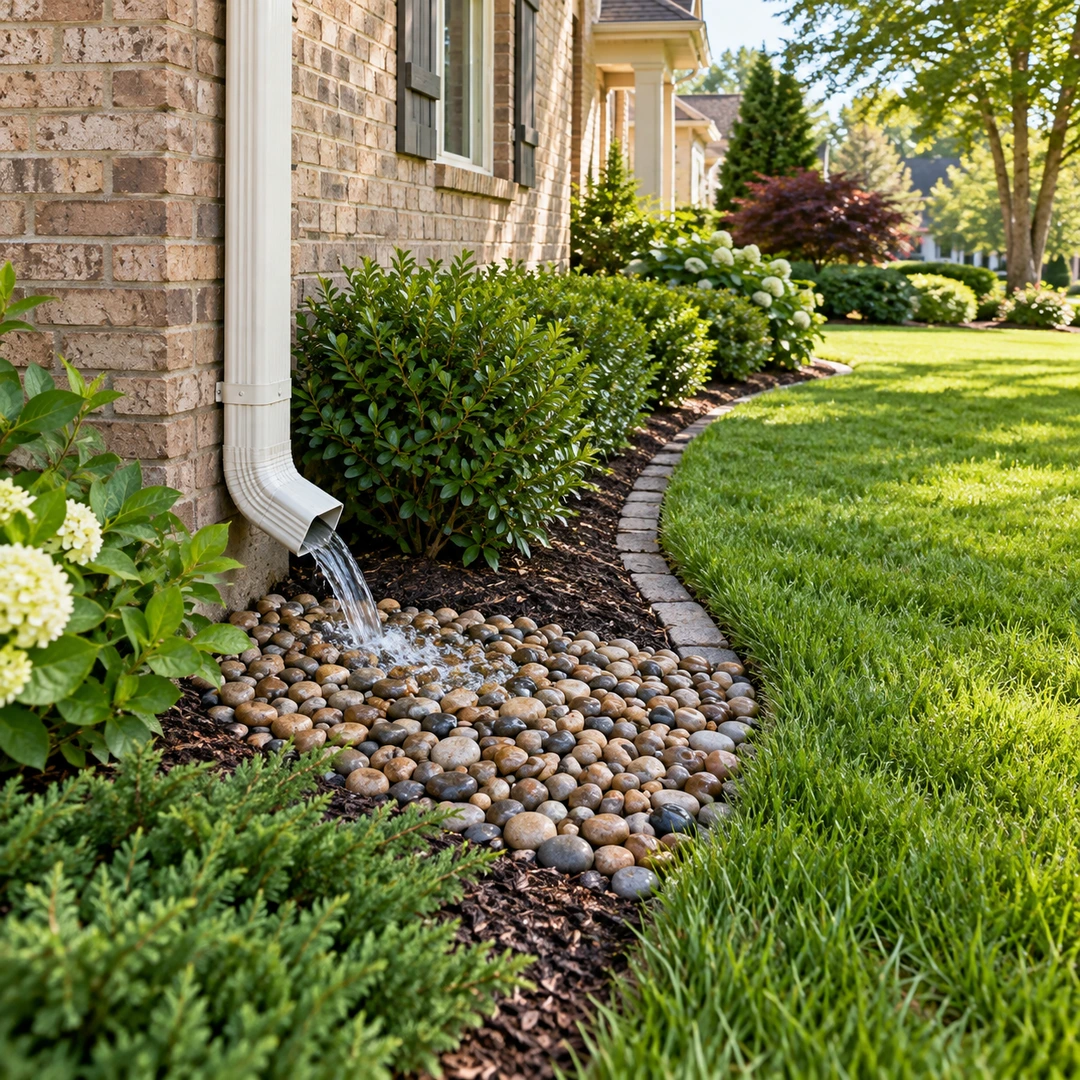 Downspout water flowing onto a stone splash bed beside a lawn