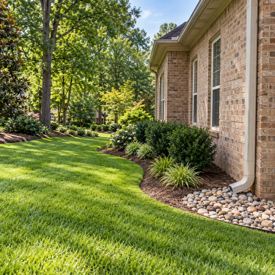 Stone drainage bed beside a downspout and gently sloping lawn