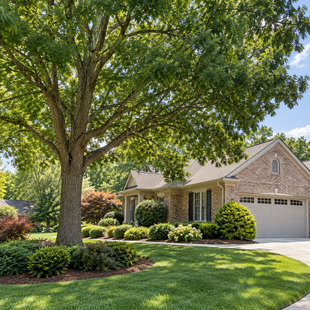 Mature healthy shade tree beside a brick house and driveway