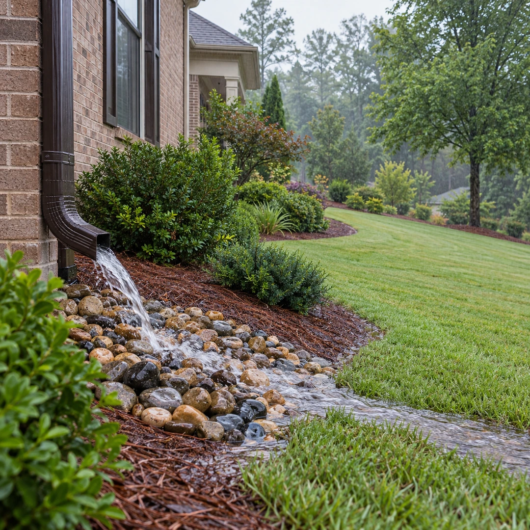 Water flowing from a downspout through stones away from a house