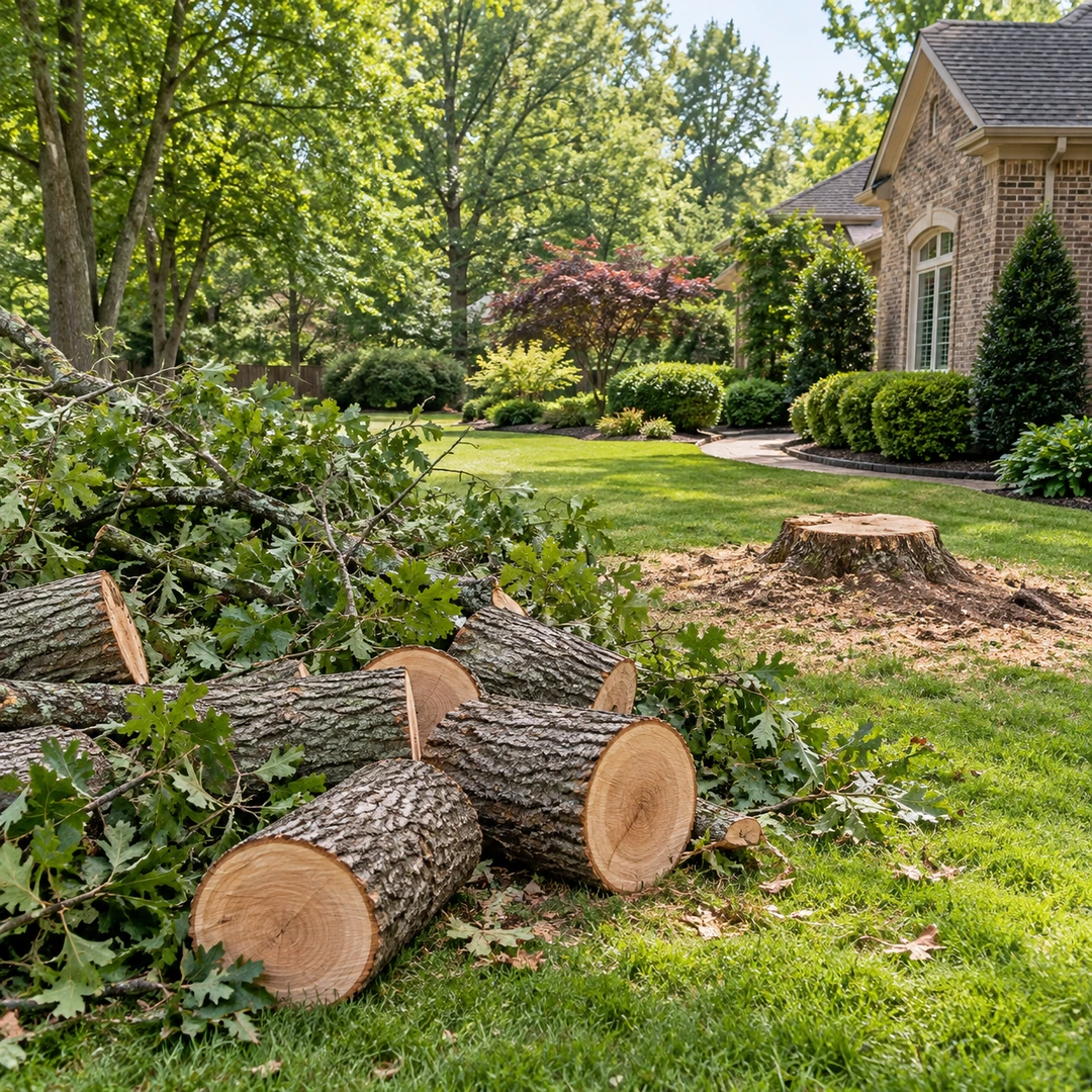 Cut logs and leafy branches beside a low stump