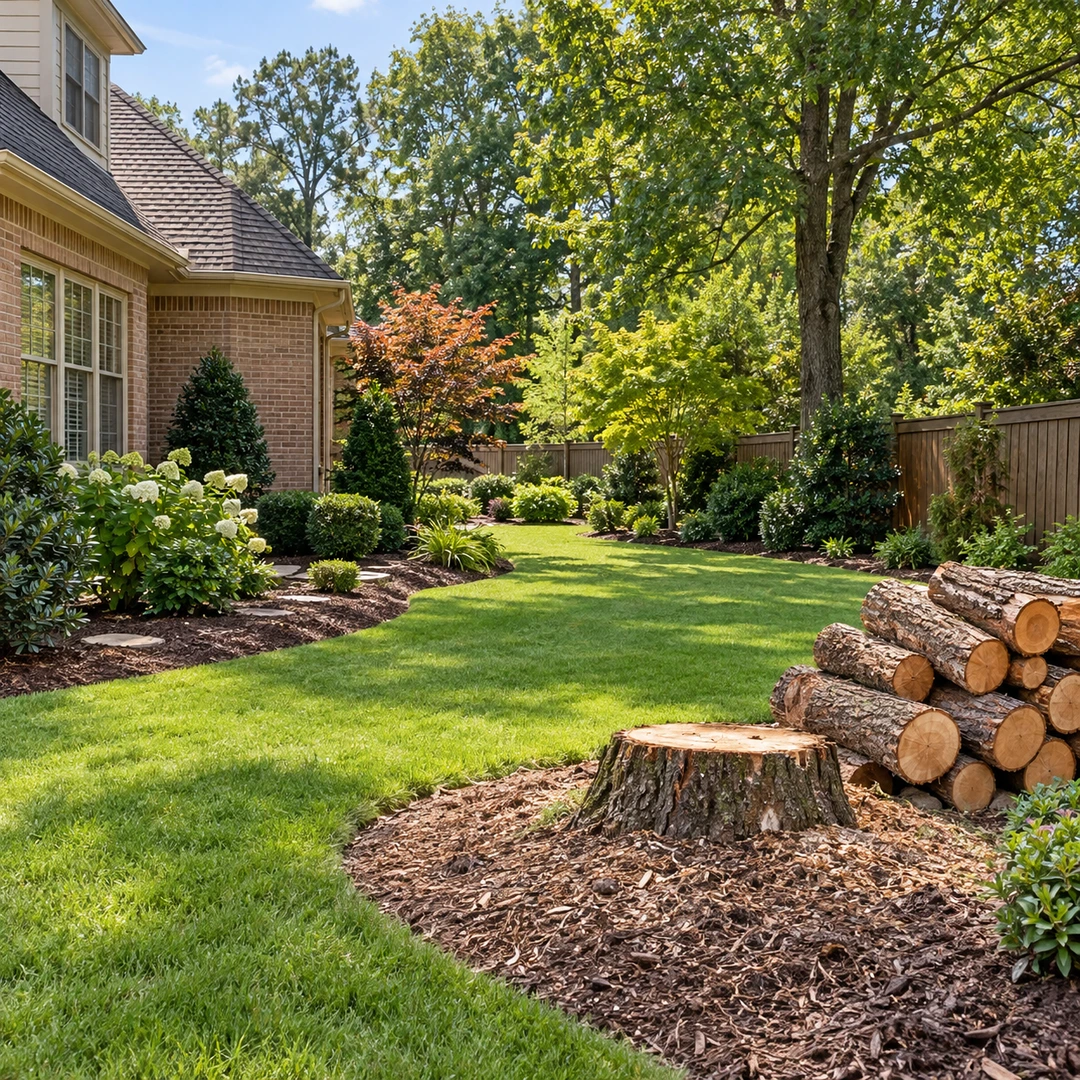 Low stump and stacked logs beside a cleared lawn