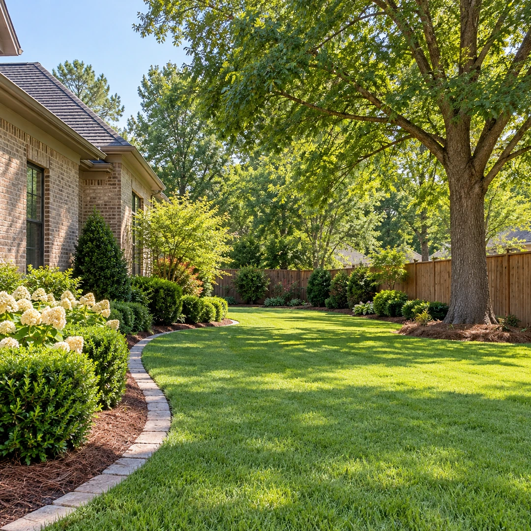 Open side lawn with a mature tree beside a wooden fence