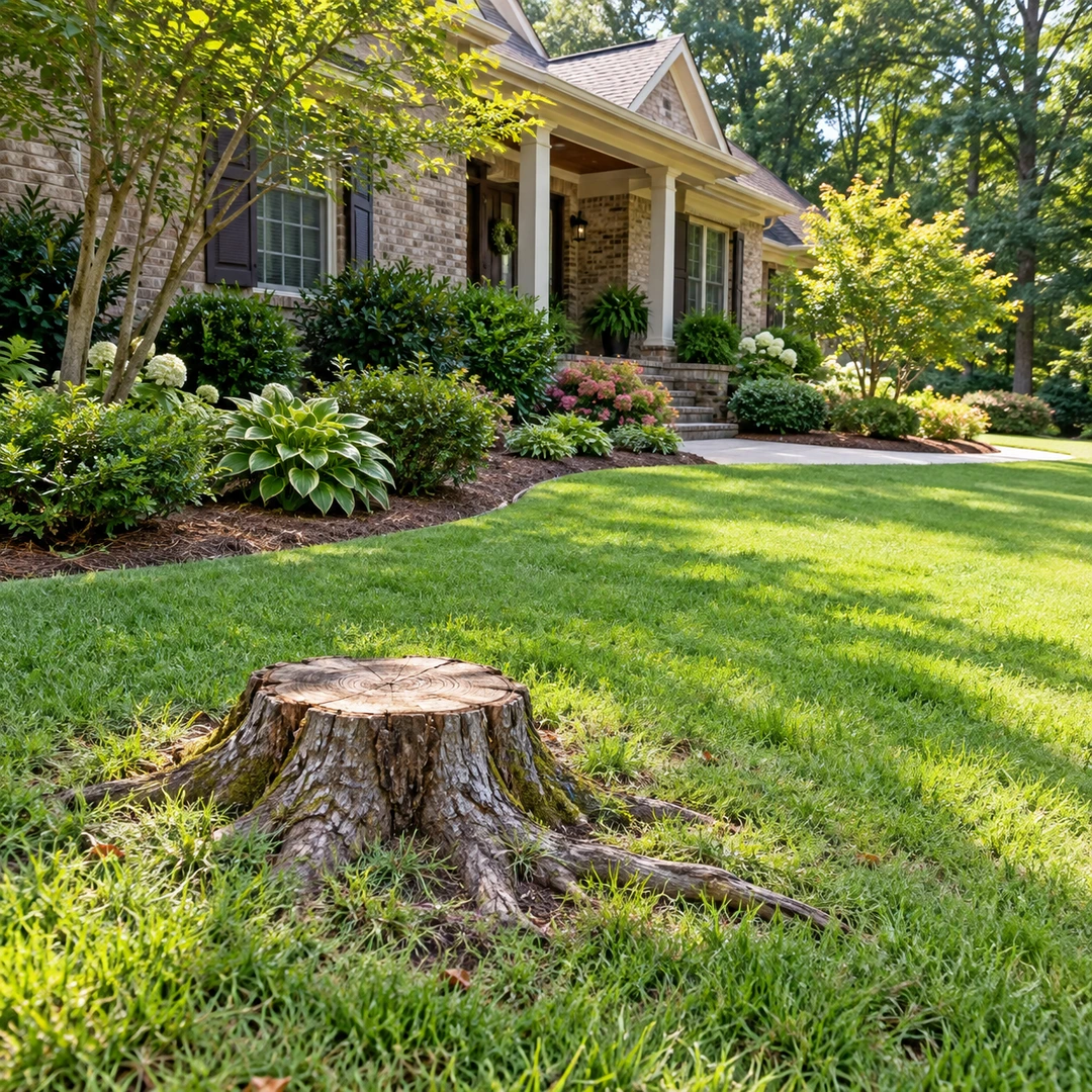Weathered stump with surface roots in a green lawn