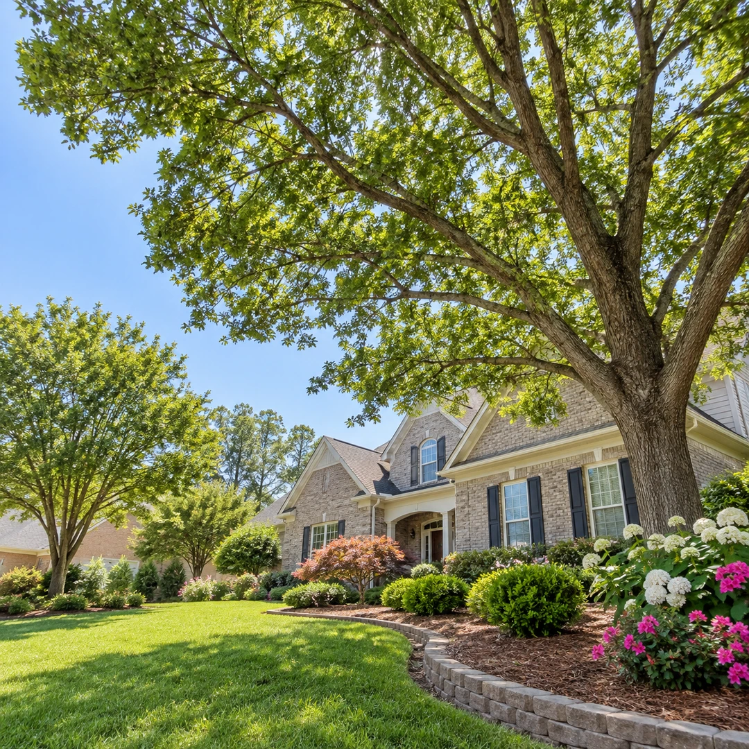 Natural tree canopy above a landscaped front yard