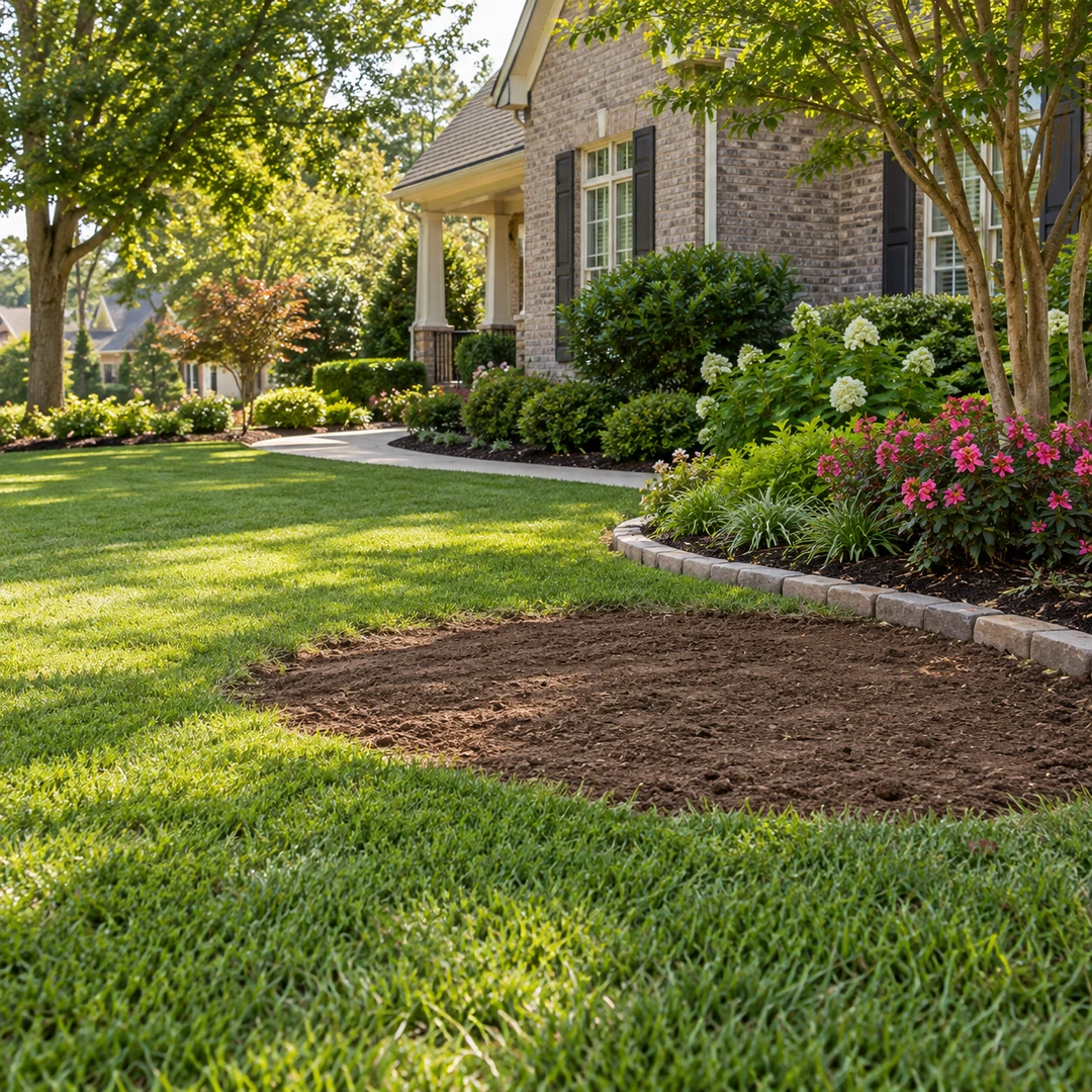 Level cleared soil patch surrounded by a green lawn