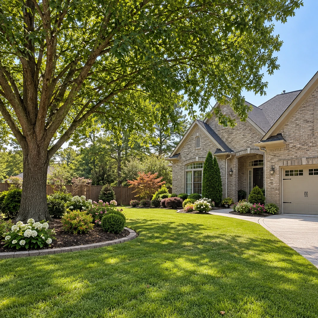 Full leafy tree beside a residential driveway