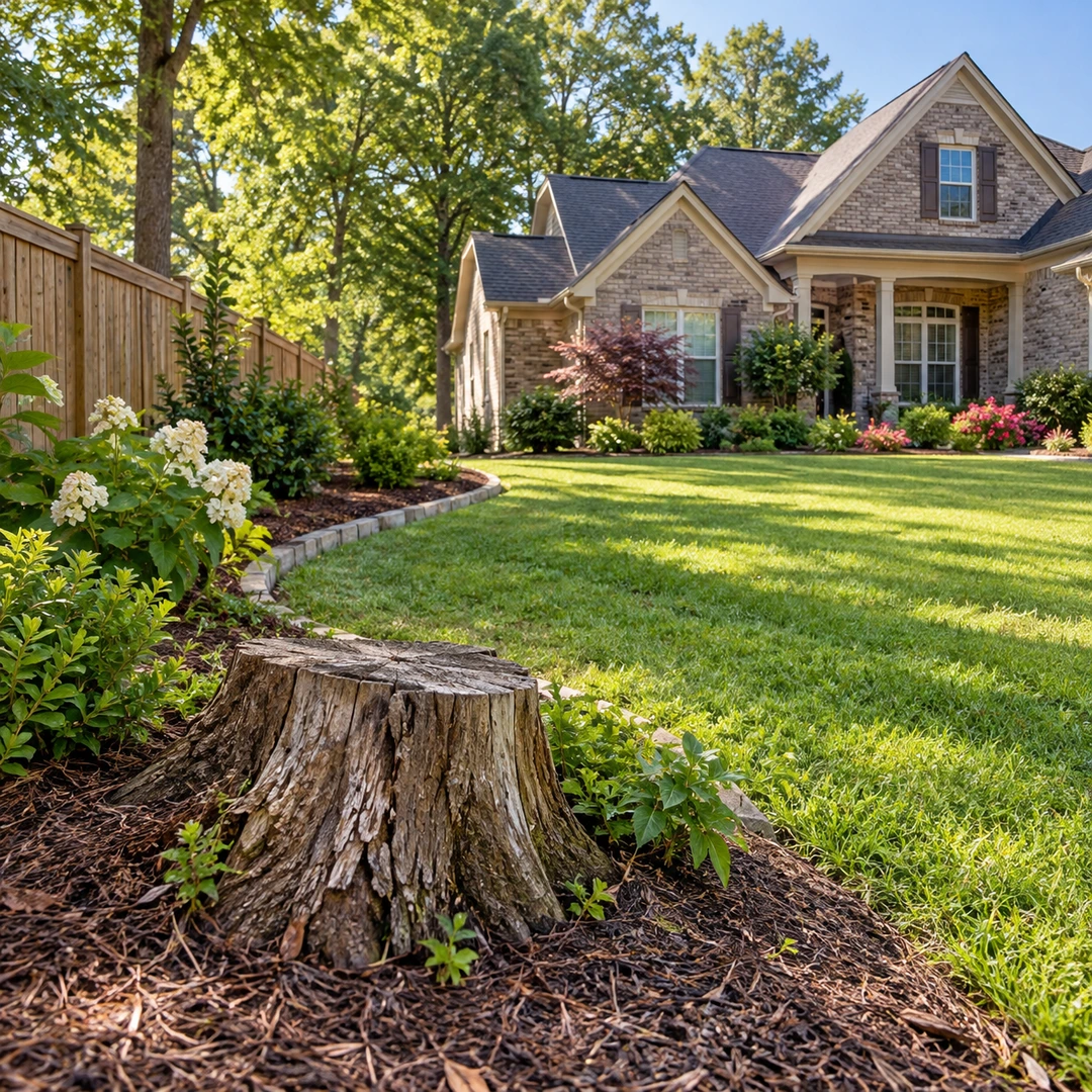 Old stump beside a wooden fence and landscaped lawn
