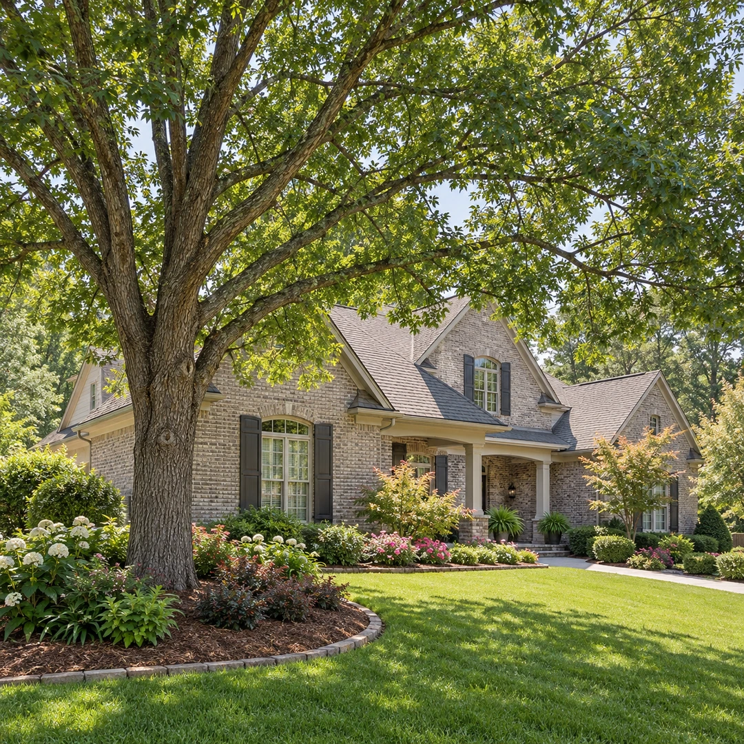 Mature healthy shade tree beside a brick house