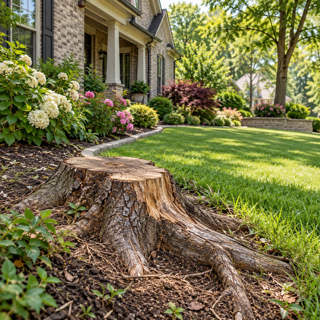 Cut stump with exposed roots beside a garden bed