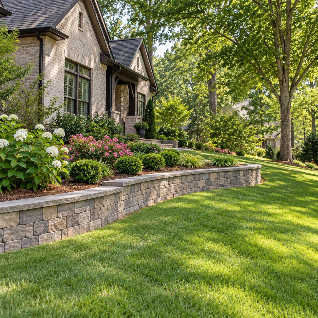 Retaining wall and garden bed beside a sloping lawn