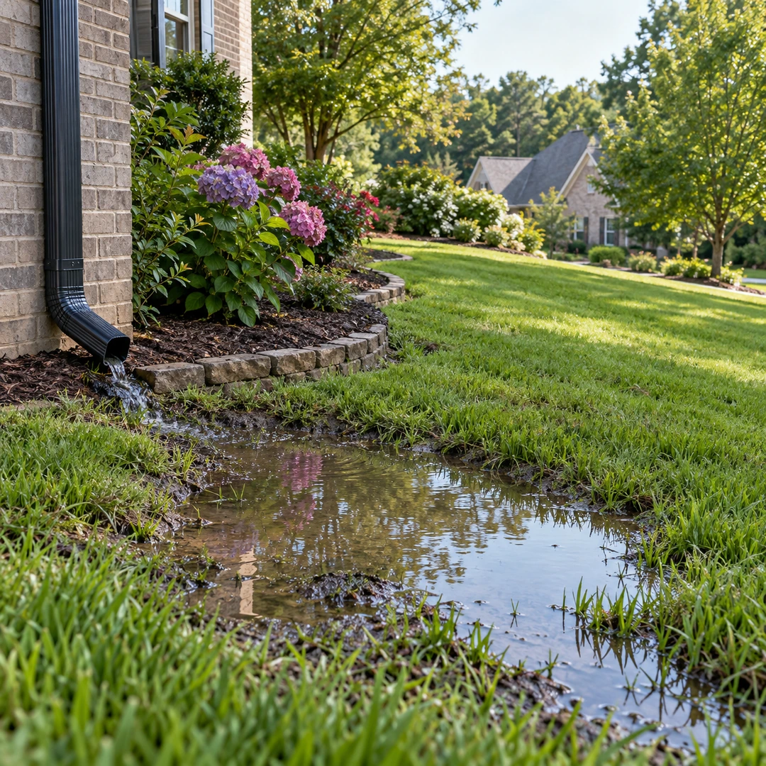 Standing water beside a downspout and house foundation
