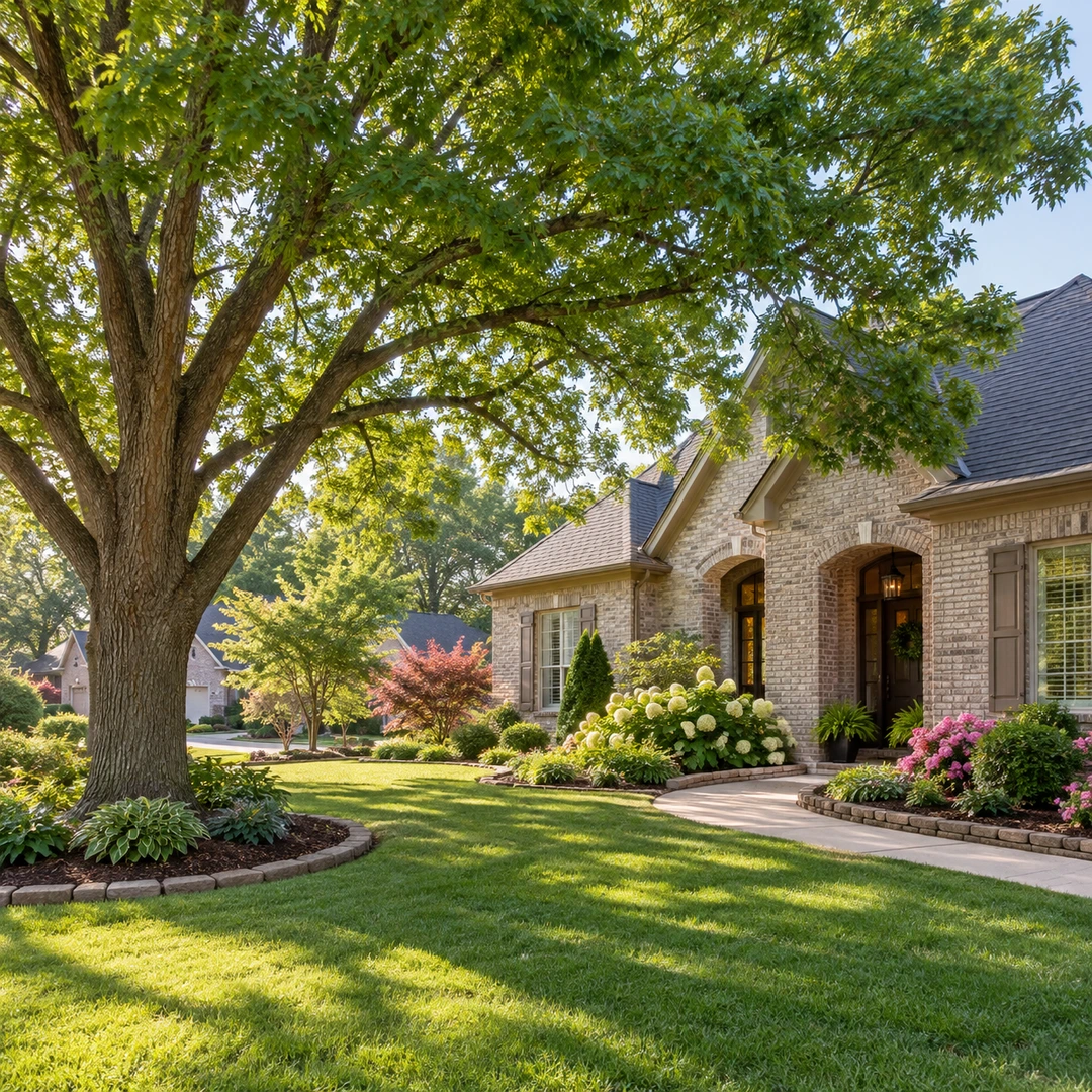 Healthy shade tree beside a garden path