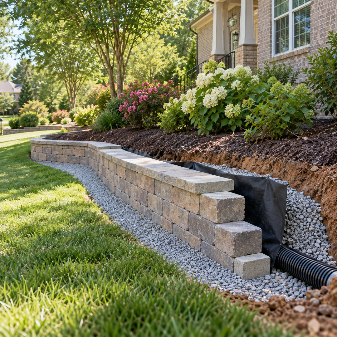 Retaining wall construction with drainage pipe and filter fabric
