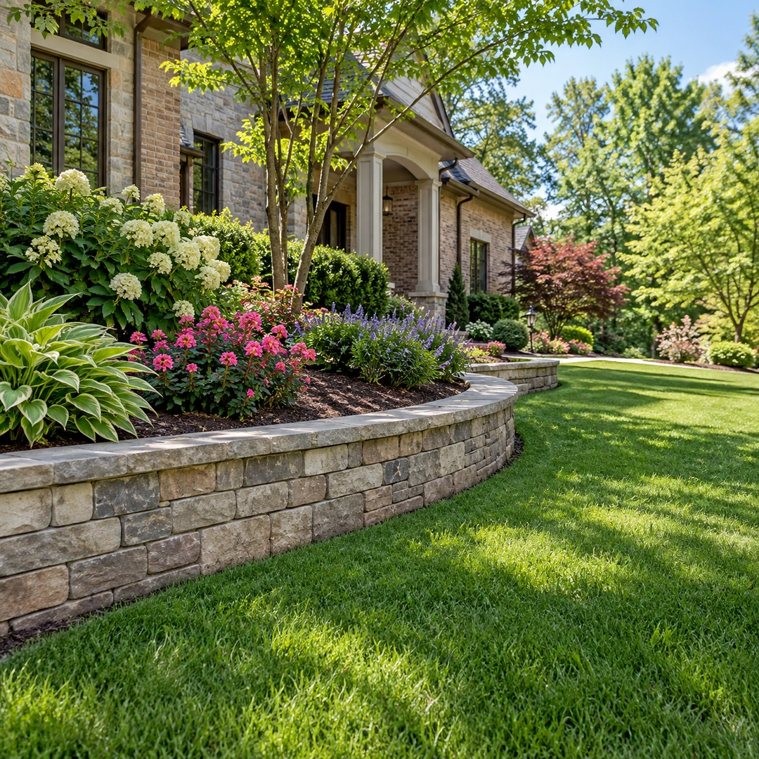 Low curved retaining wall supporting a residential garden