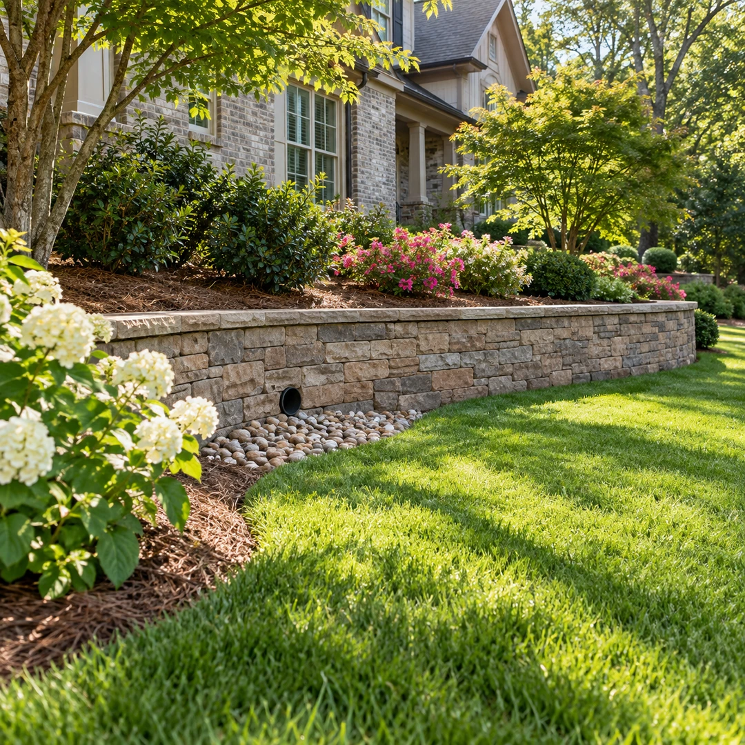 Finished retaining wall with a drain outlet above stones