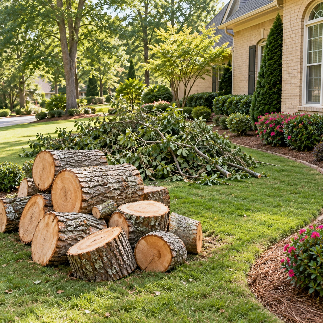 Cut trunk rounds and leafy branches grouped on a lawn