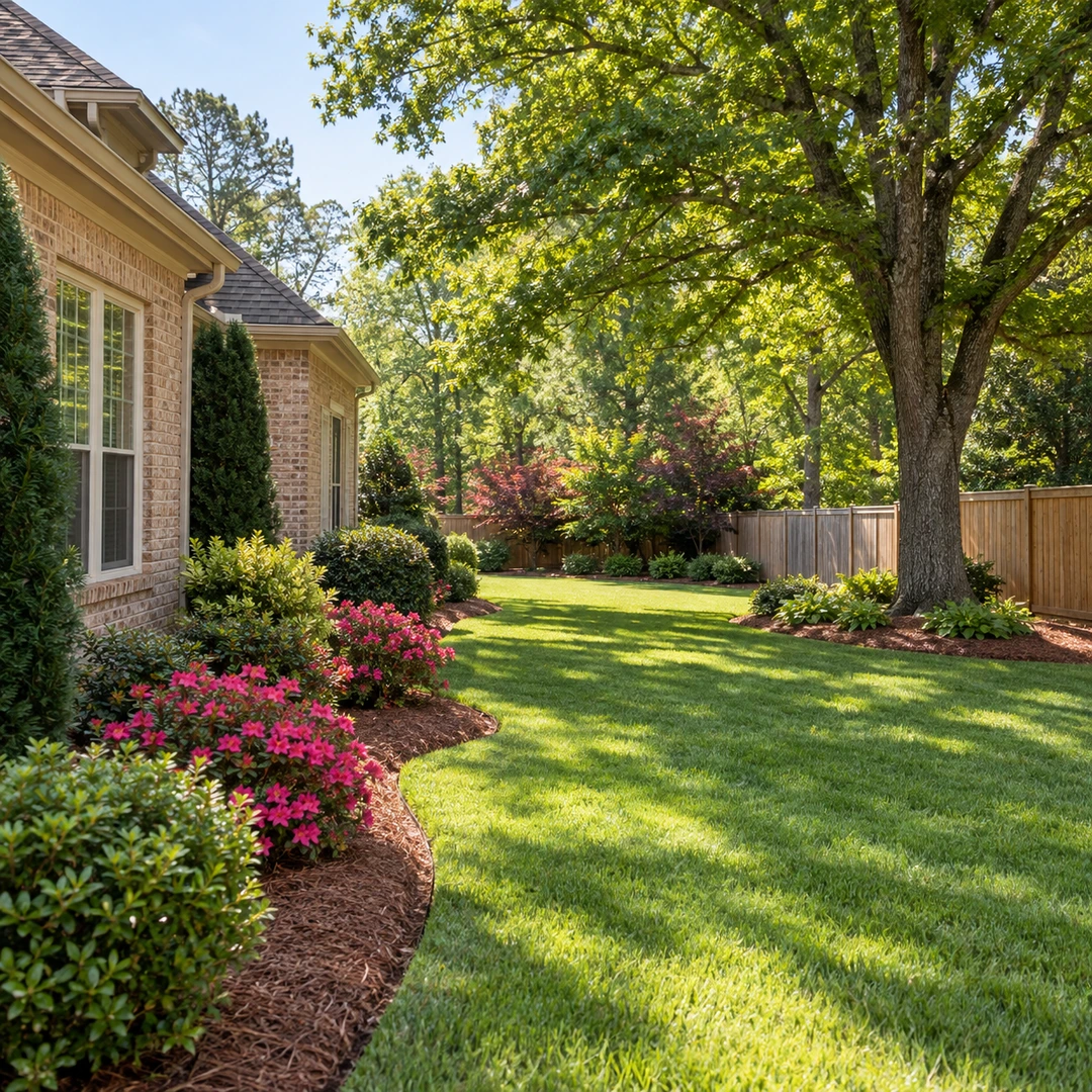 Open side lawn with mature tree and wooden fence