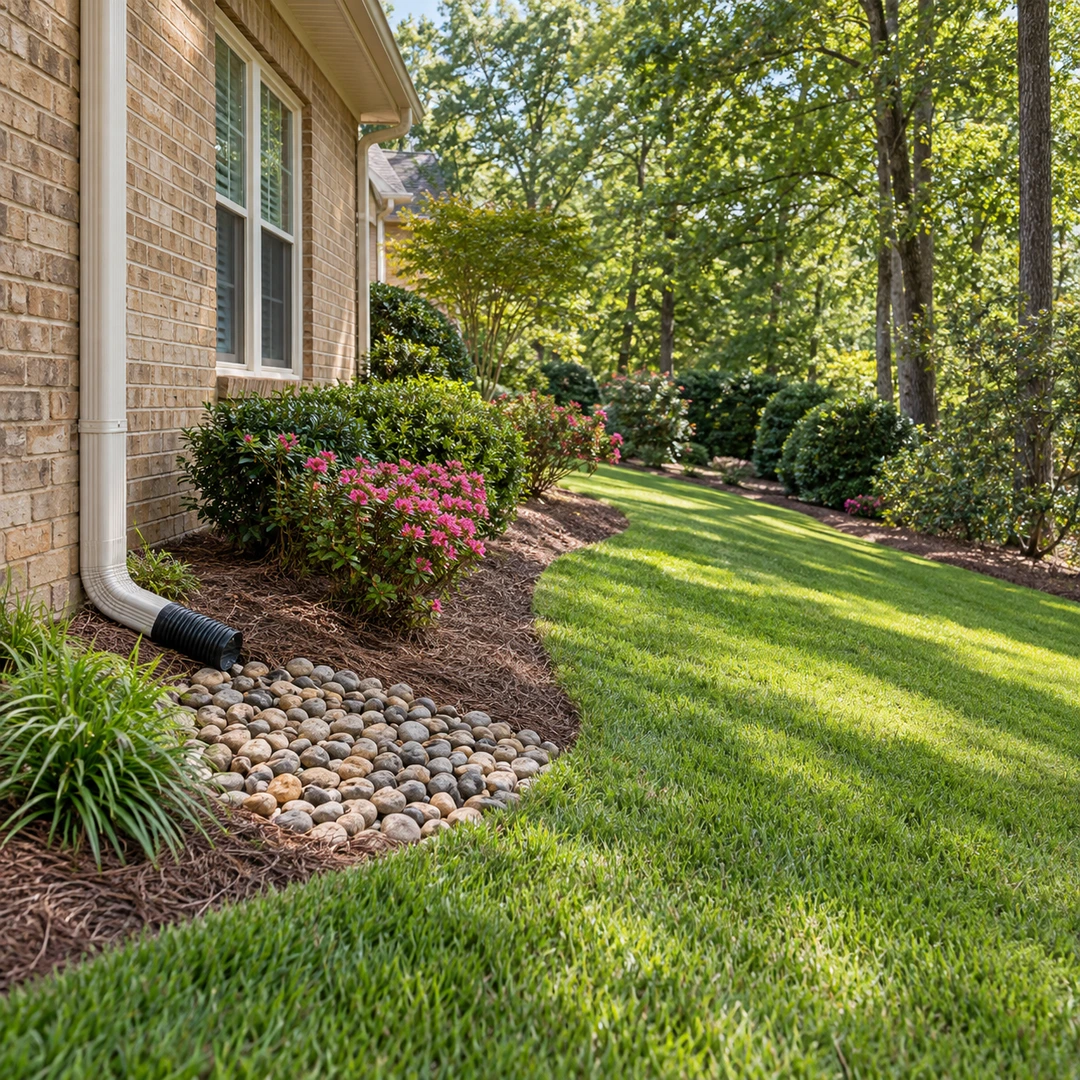 Downspout and stone receiving bed beside a gently sloping lawn