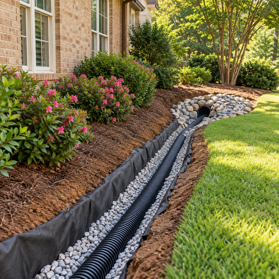 French drain trench with black pipe and gravel leading to a stone outlet