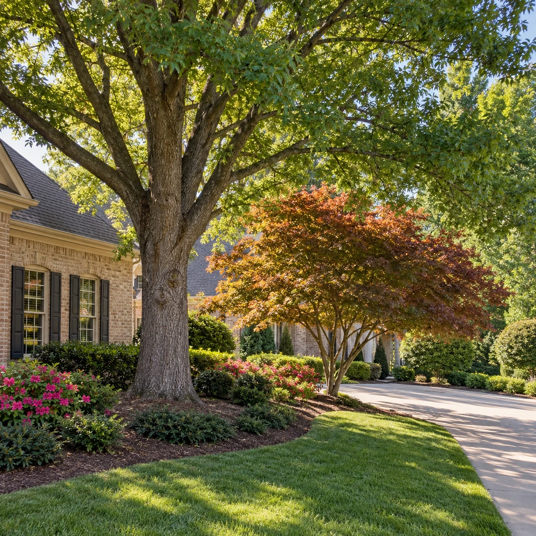 Large shade tree and smaller ornamental tree beside a driveway