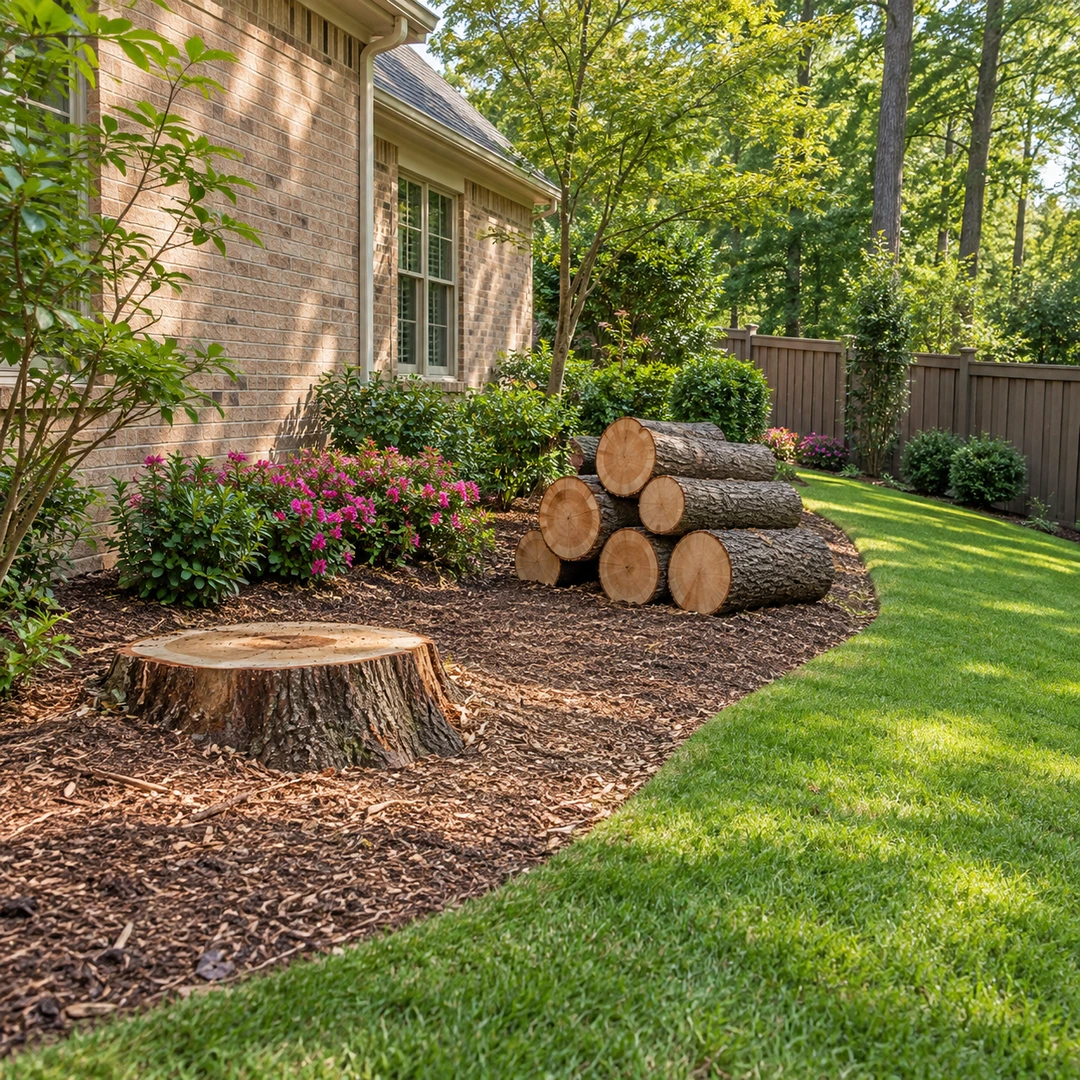 Low stump and neatly stacked logs beside a garden fence