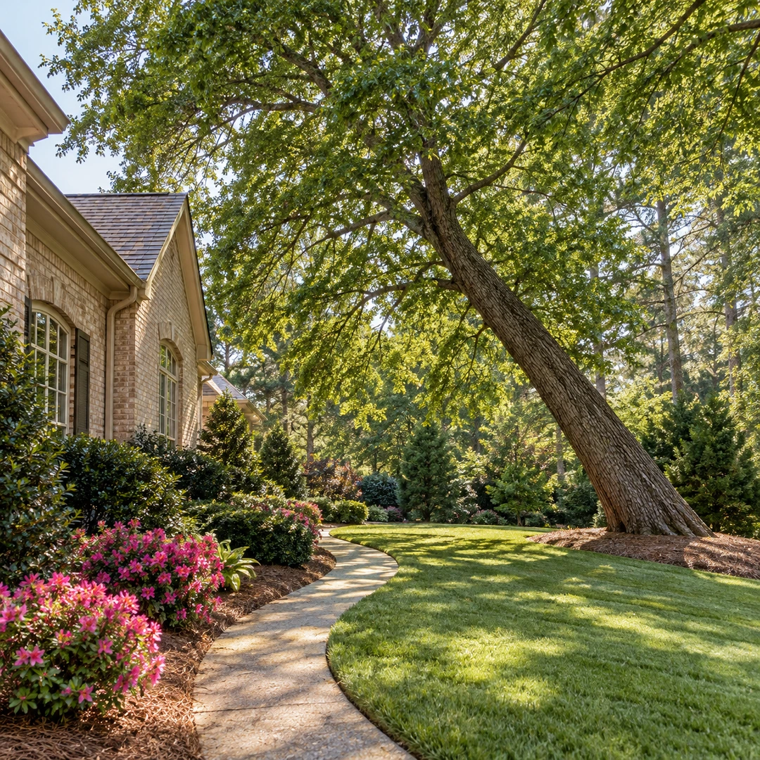 Leaning tree beside an empty curved garden path