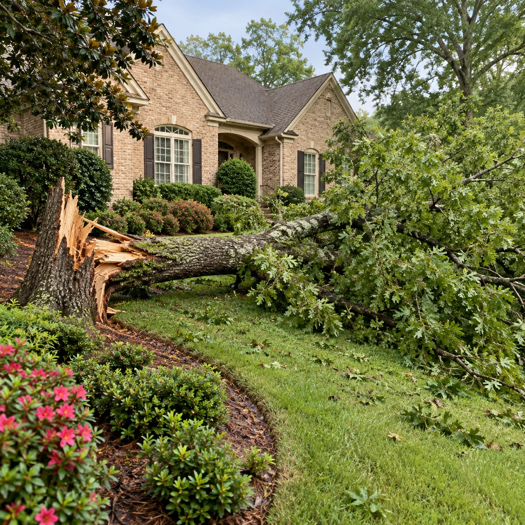 Storm fallen tree with a splintered trunk beside a lawn