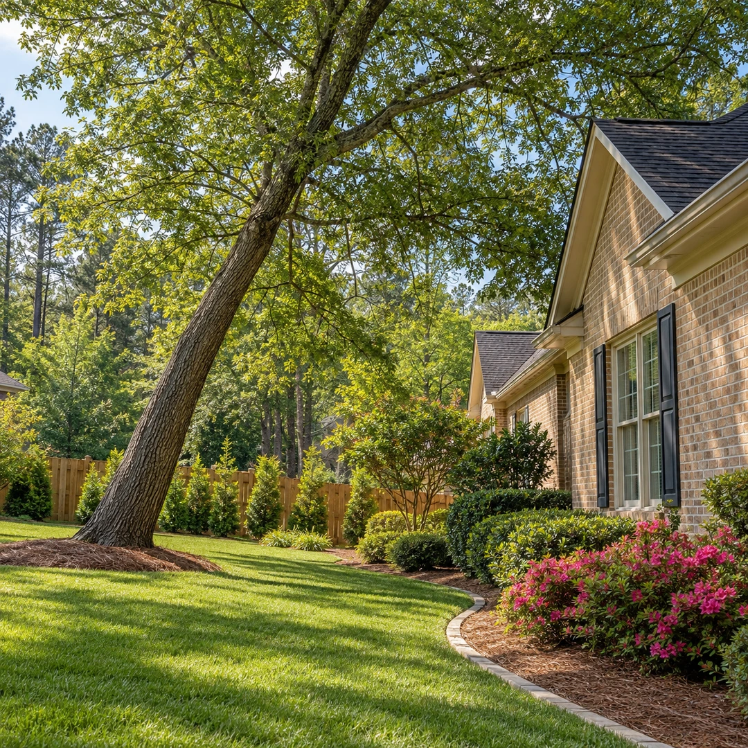 Leaning mature tree beside a house and open lawn