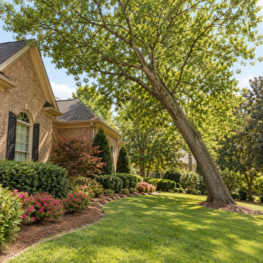 Leaning tree with an intact canopy beside a residential lawn