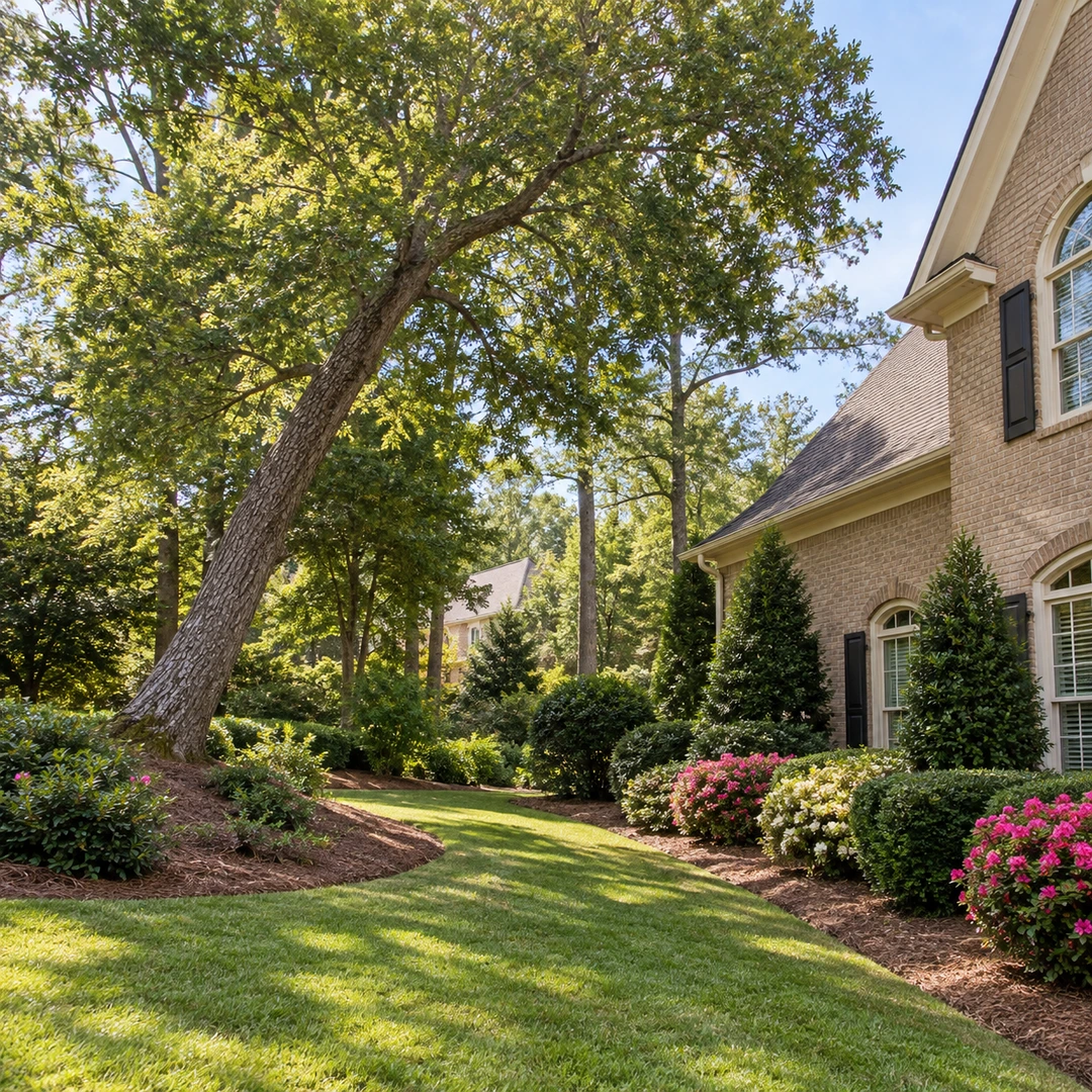 Side view of a leaning tree over open grass
