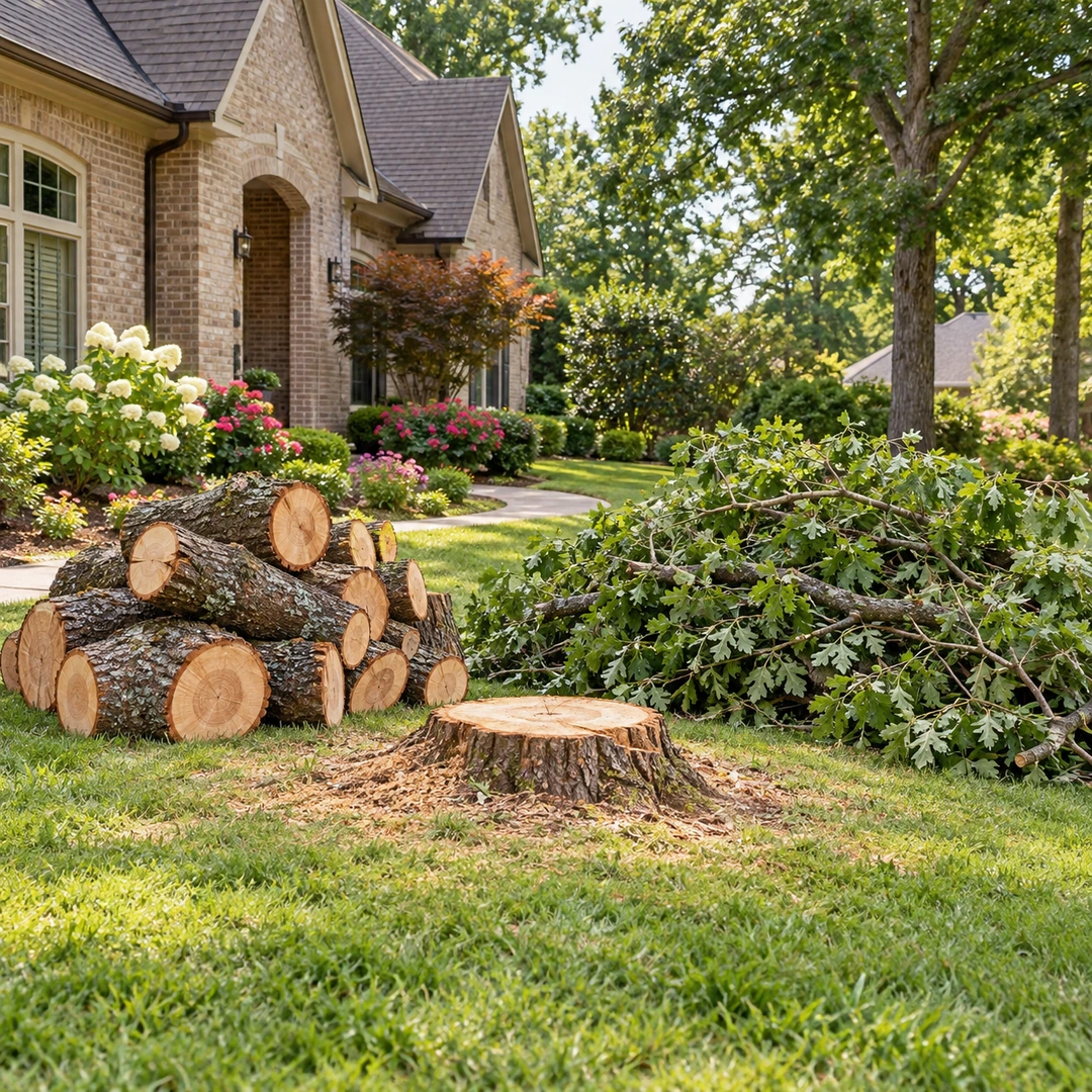 Grouped cut logs and leafy branches beside a low stump