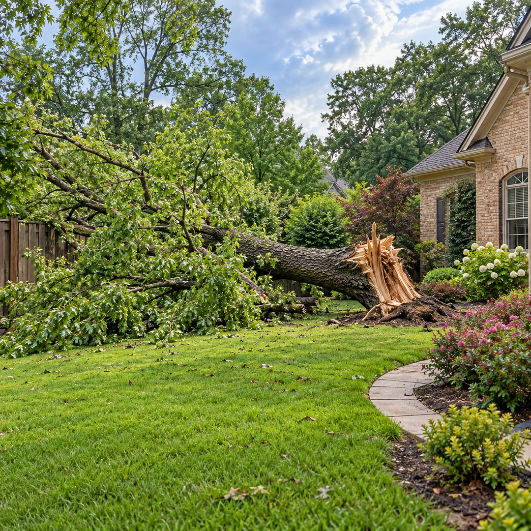 Storm fallen tree beside a landscaped garden path