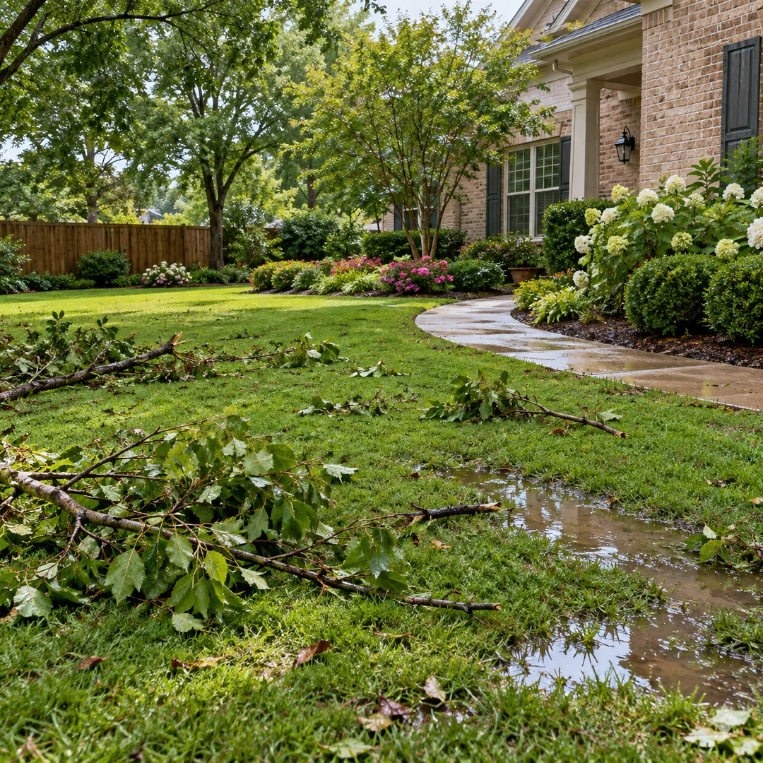 Scattered storm branches across a wet residential lawn
