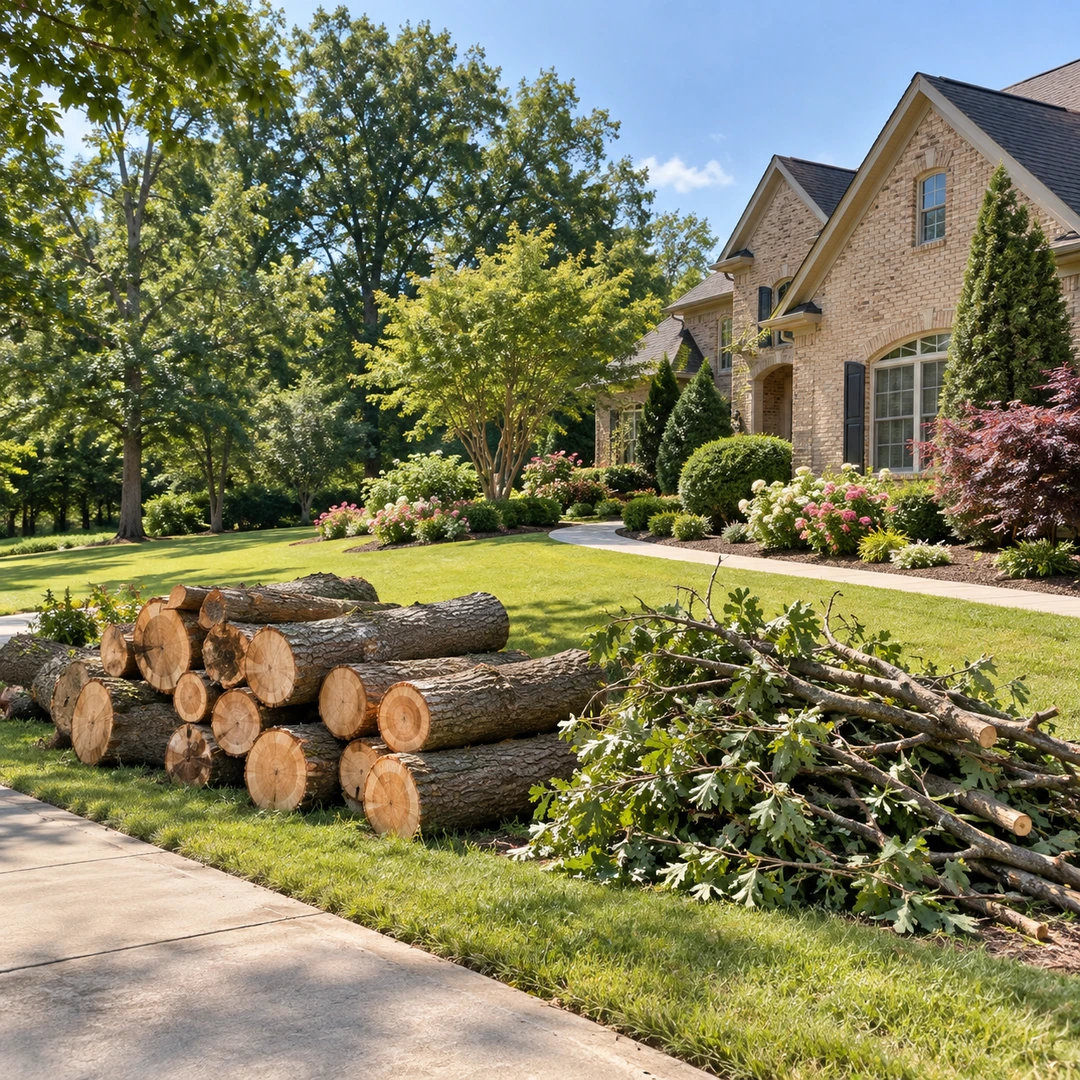 Stacked logs and branches beside a residential walkway