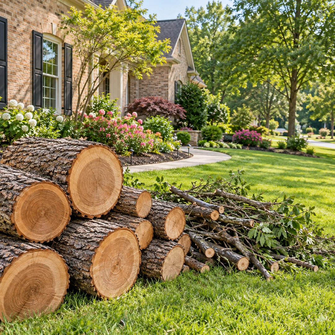 Cut trunk rounds beside a separate branch pile