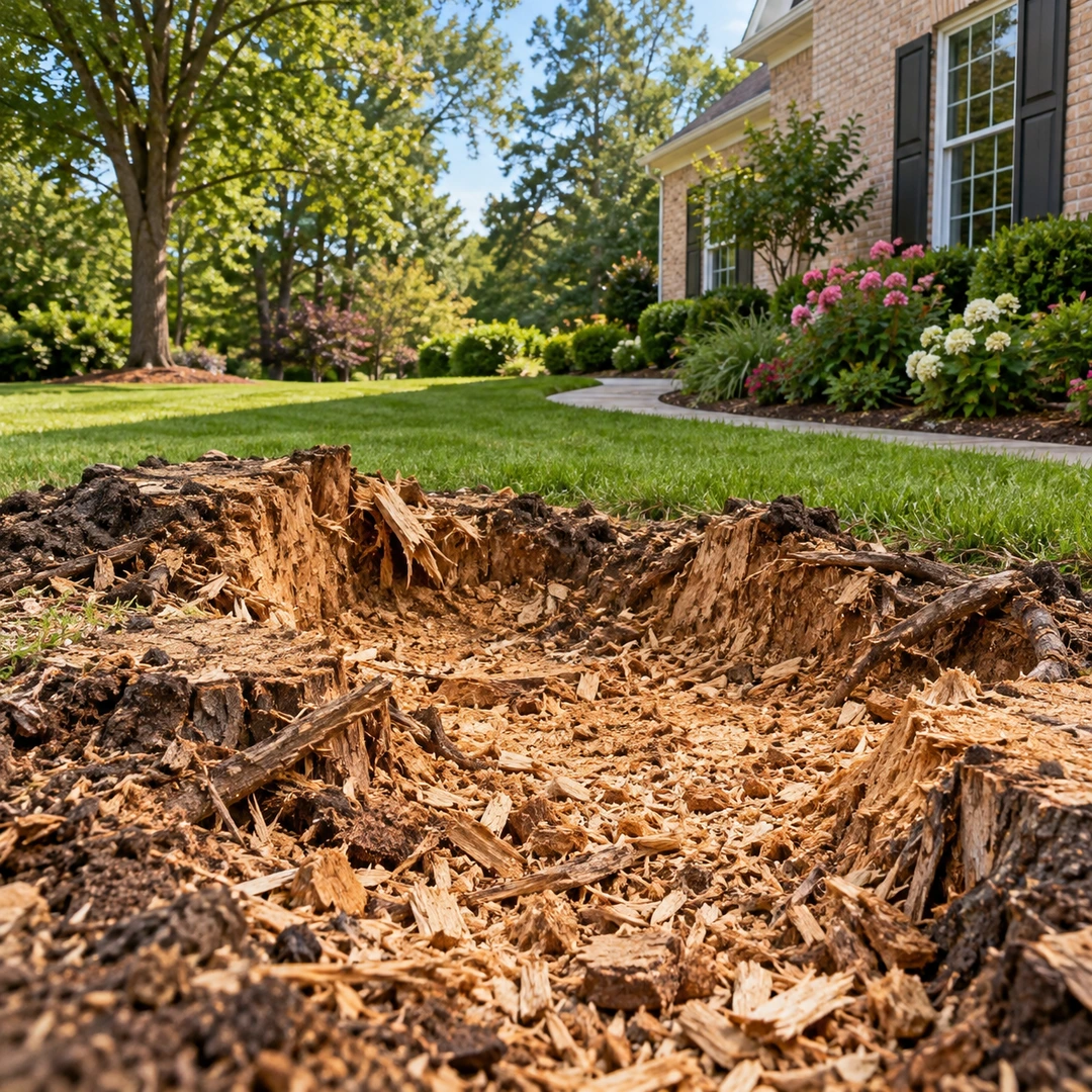 Wood chips around a partially ground stump