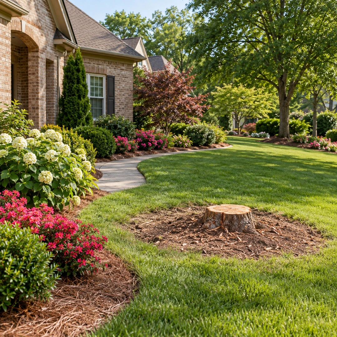 Cleared lawn around a low stump after debris removal