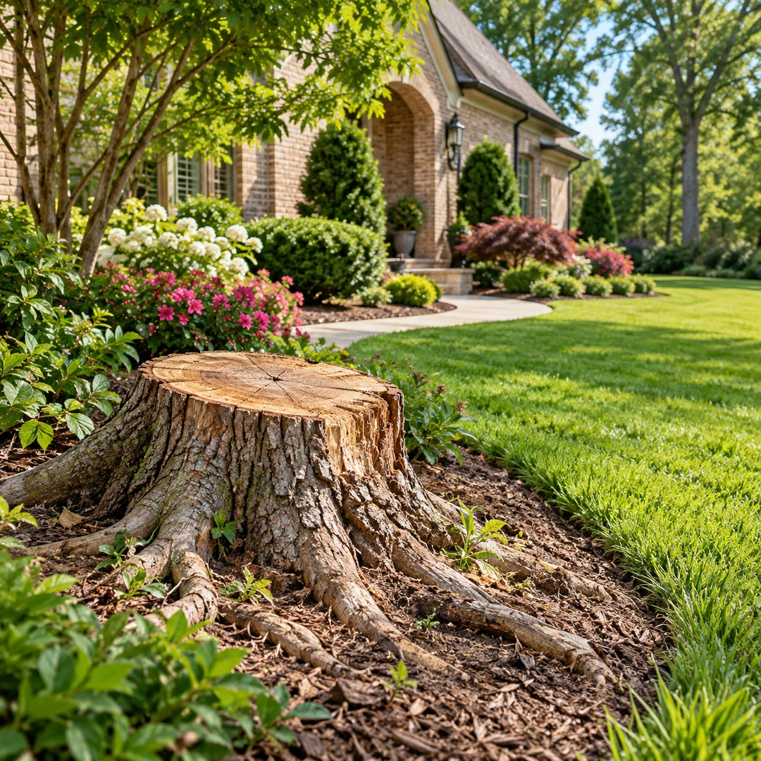 Large stump with exposed roots beside a landscaped lawn
