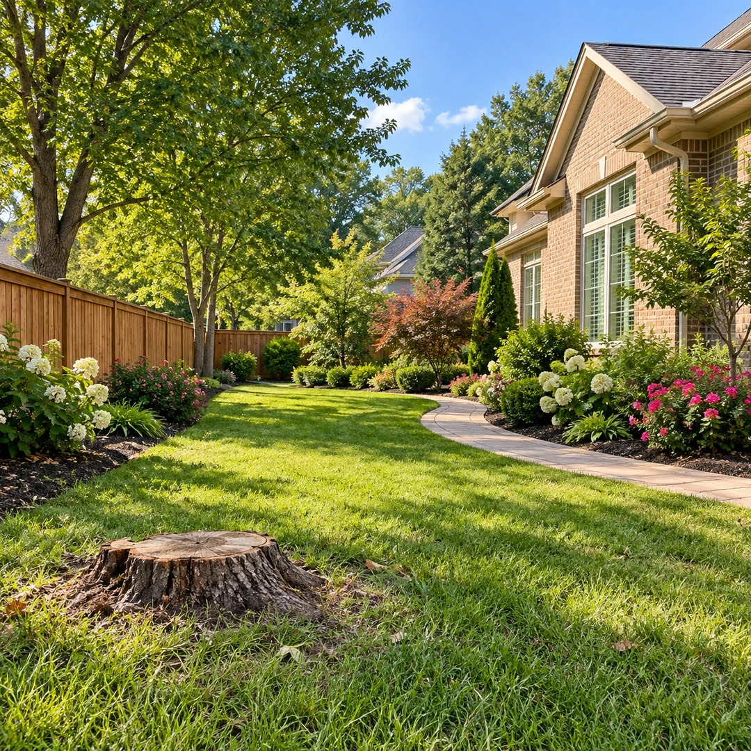 Weathered stump in an open side yard