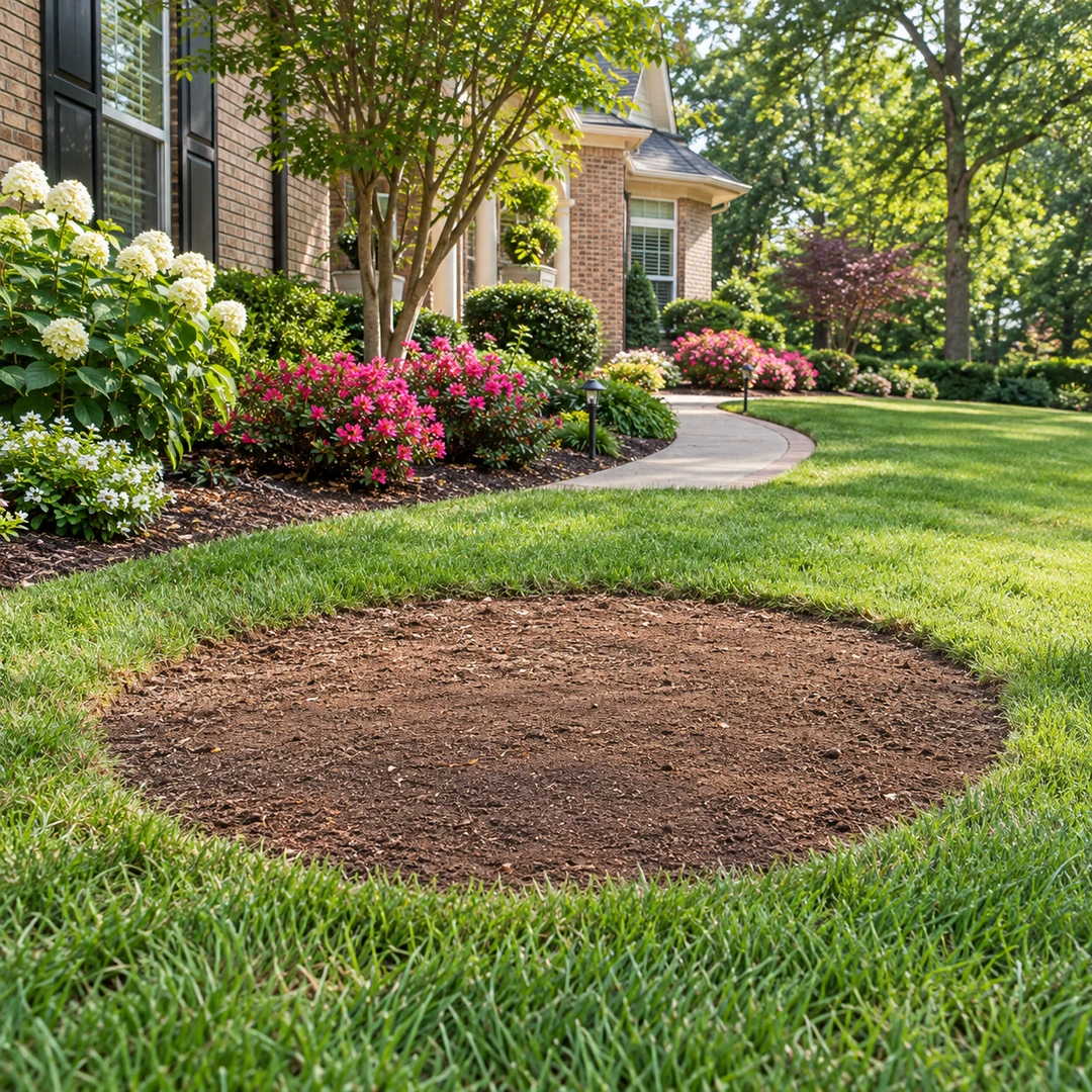 Level soil area after stump cleanup beside a lawn